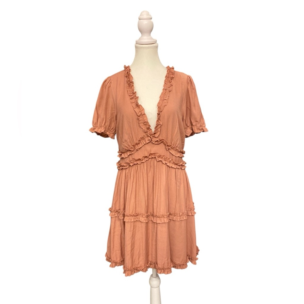 Trixxi Dress XL Ruffle Tiered Mini Deep V Puff Sleeve Boho Cottagecore Fit/Flare